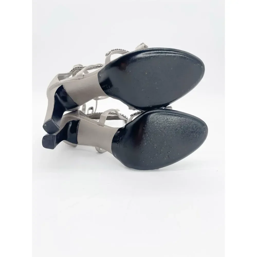 Gucci 2004 Tom Ford Silver Silk Crystal Strap Ankle Wrap Tie Heels Sandals US 8